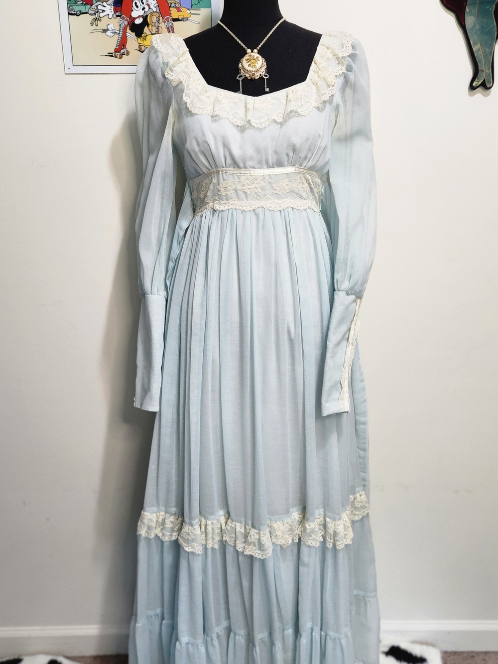 70s Gunne Sax Romantic Prairie Ice Blue Lace Dress XS Small Size 7